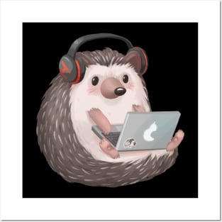 Cute Hedgehog Blogger on a Laptop Listening to Music Posters and Art